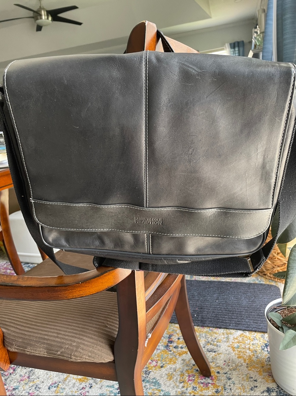 Kenneth Cole Reaction Black Leather Messenger with Adjustable Strap